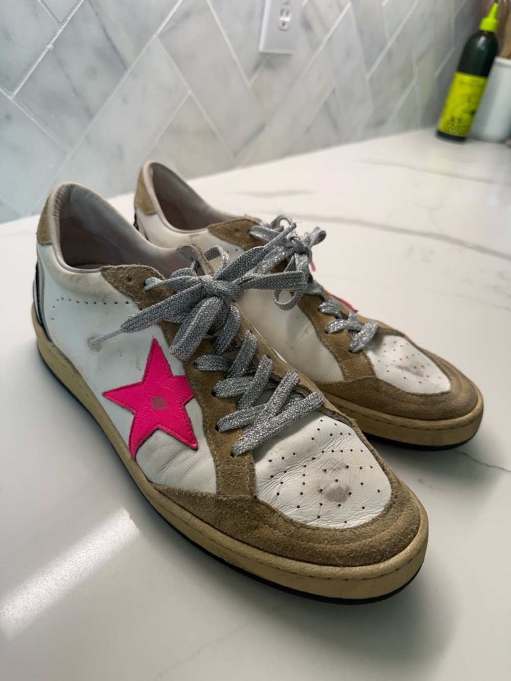 Golden Goose Women Sneakers White Brown with Pink Star